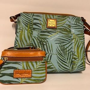 Blue with tropical leaf print Dooney & Burke bag with matching coin purse